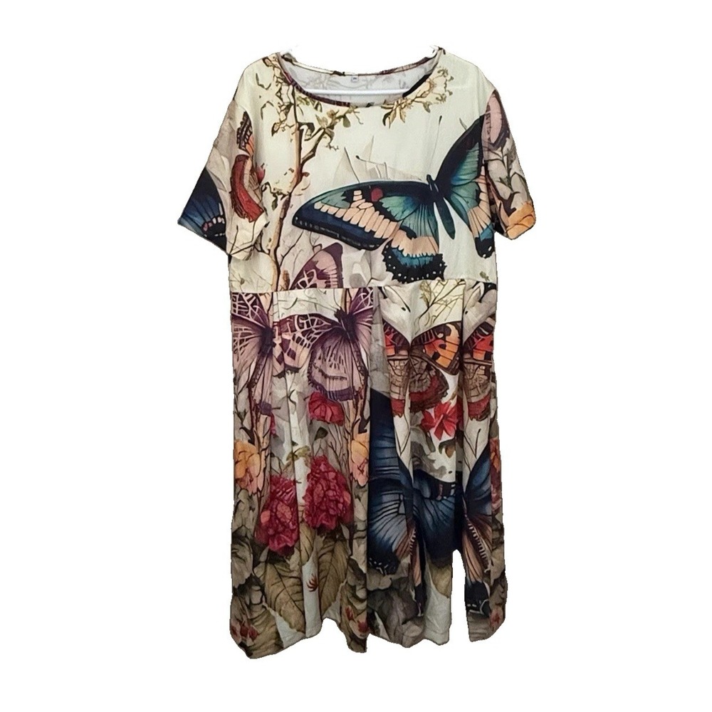 Butterfly Floral Print Midi Dress SS Plus Size 2XL Boho Whimsigoth Cottagecore